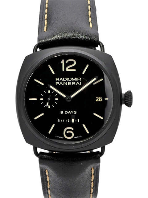 Panerai Radiomir 8 Days Ceramic PAM00384 mit schwarzem Gehäuse und Lederarmband, Datum und Sekunde auf Zifferblatt.