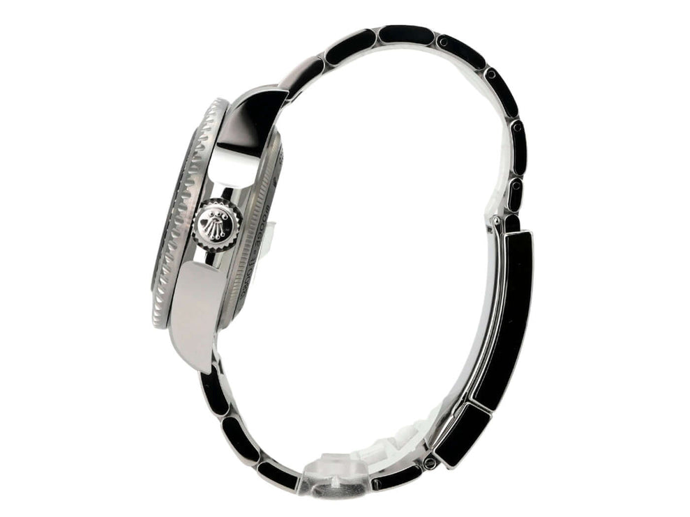 Rolex Sea-Dweller Deepsea 136660 seitliche Ansicht des Edelstahl-Gehäuses mit Keramikeinlage.