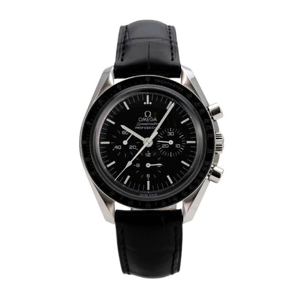 Omega Speedmaster Moonwatch Moonphase 3870.50.31 mit schwarzem Zifferblatt, Lederband und Chronograph