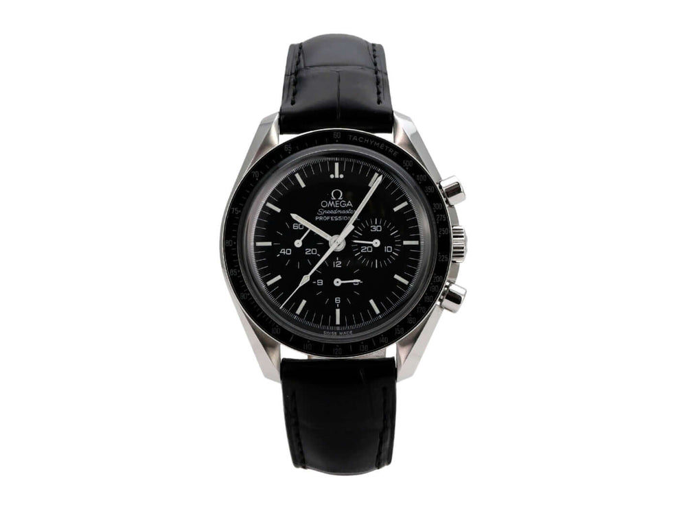 Omega Speedmaster Moonwatch Moonphase 3870.50.31 mit schwarzem Zifferblatt, Lederband und Chronograph
