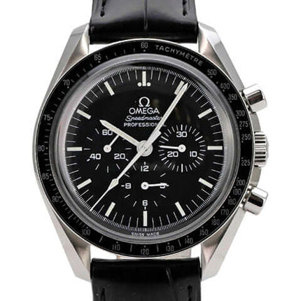 Omega Speedmaster Moonwatch Moonphase 3870.50.31, schwarze Chronographen-Uhr mit Lederband und Tachymeter