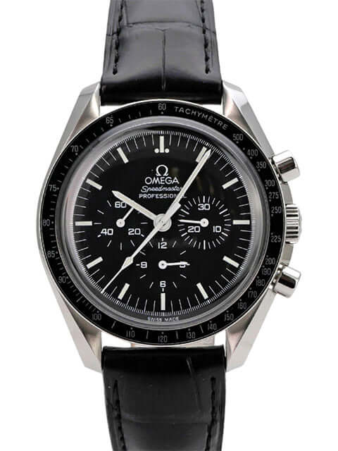 Omega Speedmaster Moonwatch Moonphase 3870.50.31, schwarze Chronographen-Uhr mit Lederband und Tachymeter