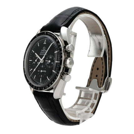 Omega Speedmaster Moonwatch Moonphase 3870.50.31, schwarze Luxusuhr mit Lederband und Chronograph
