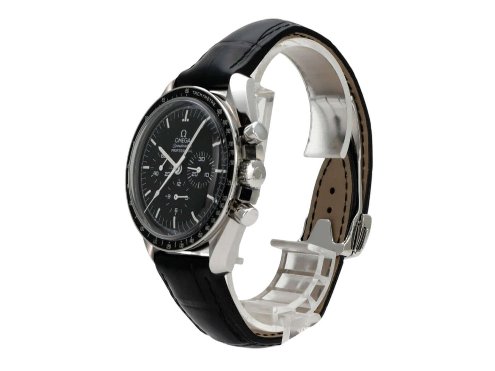 Omega Speedmaster Moonwatch Moonphase 3870.50.31, schwarze Luxusuhr mit Lederband und Chronograph