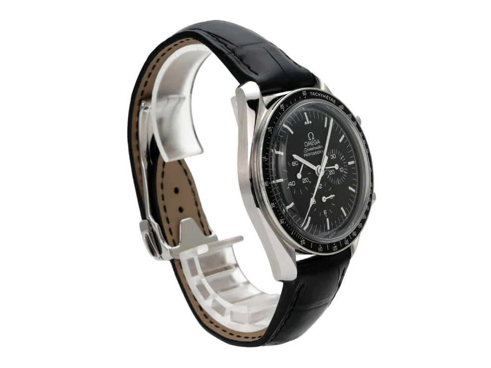 Omega Speedmaster Moonwatch Moonphase 3870.50.31 schwarze Chronographen-Armbanduhr mit Lederband