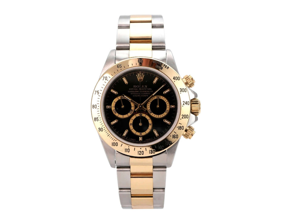 Rolex Daytona 40 Edelstahl Gelbgold 16523 Schwarz T-Serie, schwarzes Zifferblatt, Oyster-Armband