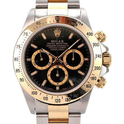 Rolex Daytona 40 Edelstahl Gelbgold 16523 Schwarz T-Serie, schwarzes Zifferblatt, 18 kt Gold, Tachymeter