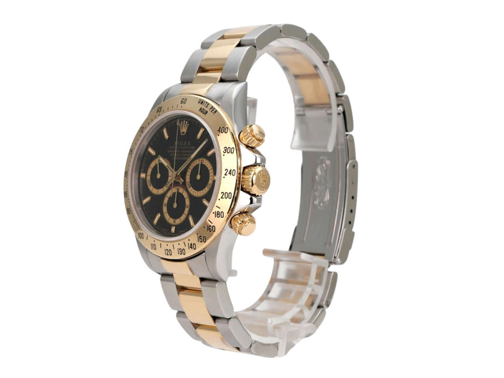 Rolex Daytona 40 Edelstahl Gelbgold 16523 Schwarz T-Serie, schwarzes Zifferblatt, Oysterband