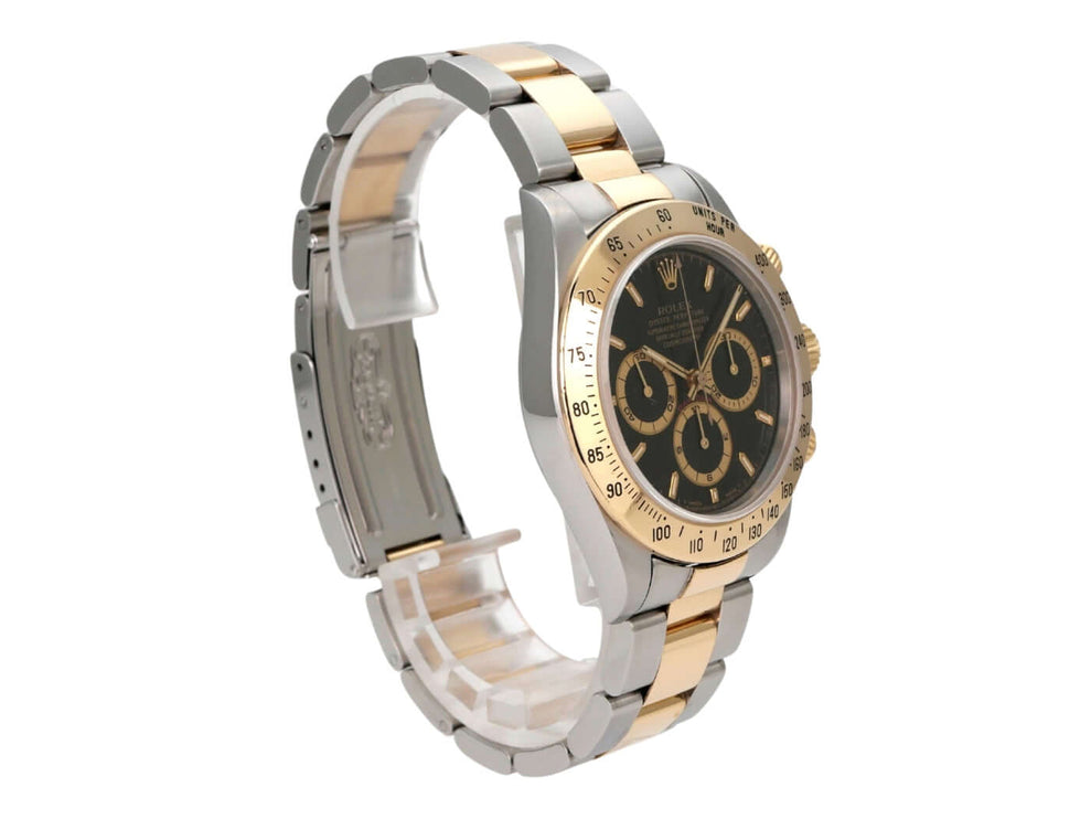 Rolex Daytona 40 Edelstahl Gelbgold 16523 Schwarz T-Serie, schwarzes Zifferblatt, Oyster-Armband