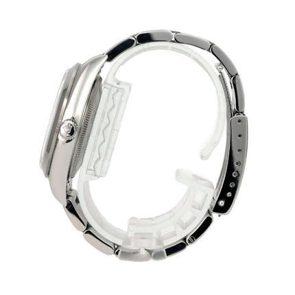 Seitenansicht der Rolex Oyster Air-King 34 14000M Schwarz, Edelstahlarmband und Gehäuse, hochwertige Verarbeitung.