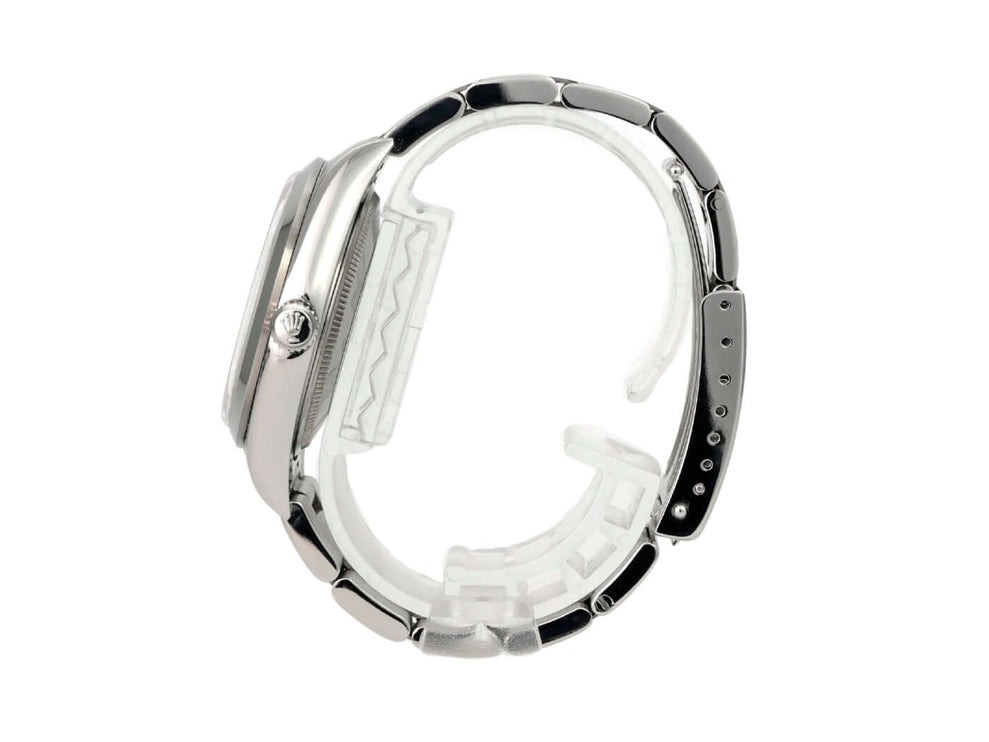 Seitenansicht der Rolex Oyster Air-King 34 14000M Schwarz, Edelstahlarmband und Gehäuse, hochwertige Verarbeitung.