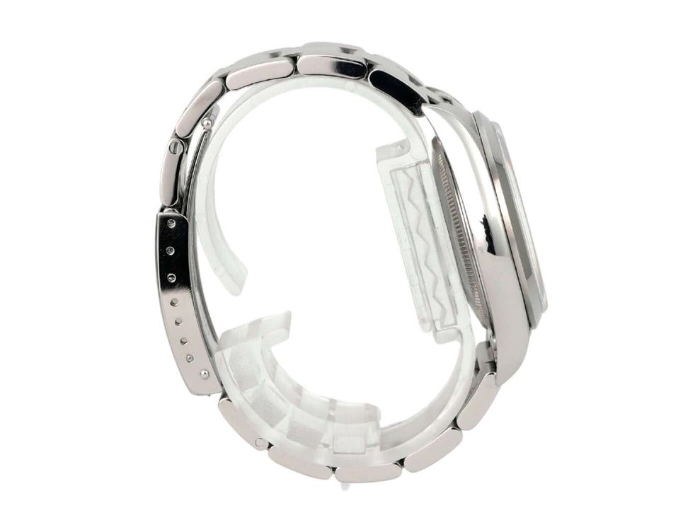 Seitenansicht der Rolex Oyster Air-King 34 14000M Schwarz mit Edelstahlband und Politurdetails.