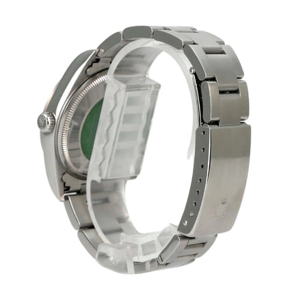 Rolex Oyster Air-King 34 14000M Schwarz Ansicht von der Seite mit Edelstahlband und Gehäuse.