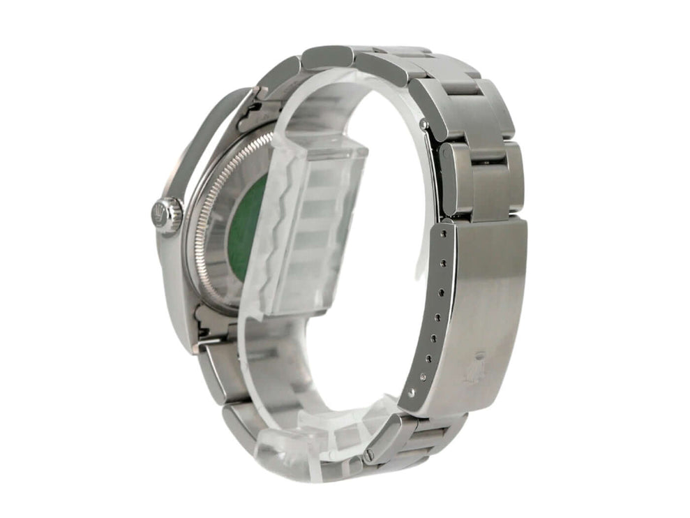 Rolex Oyster Air-King 34 14000M Schwarz Ansicht von der Seite mit Edelstahlband und Gehäuse.