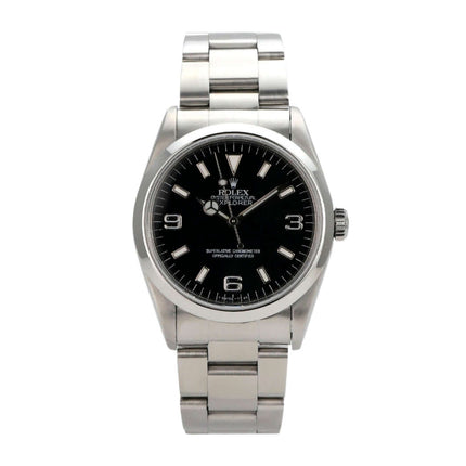 Rolex Explorer I Edelstahl 36 Ref. 14270 mit schwarzem Zifferblatt und Edelstahlarmband, poliert und satiniert.