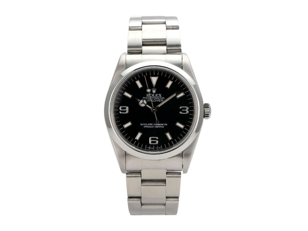 Rolex Explorer I Edelstahl 36 Ref. 14270 mit schwarzem Zifferblatt und Edelstahlarmband, poliert und satiniert.