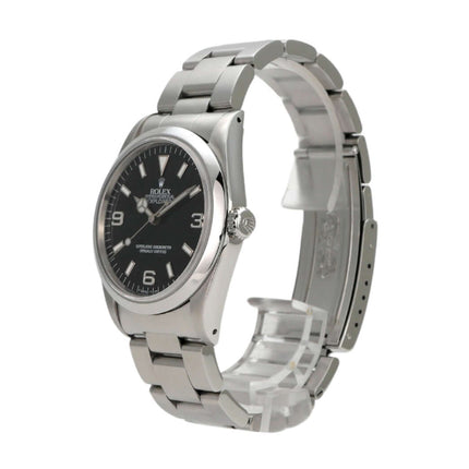 Rolex Explorer I Edelstahl 36 Ref. 14270 mit schwarzem Zifferblatt und Oyster-Armband, poliert und satiniert.