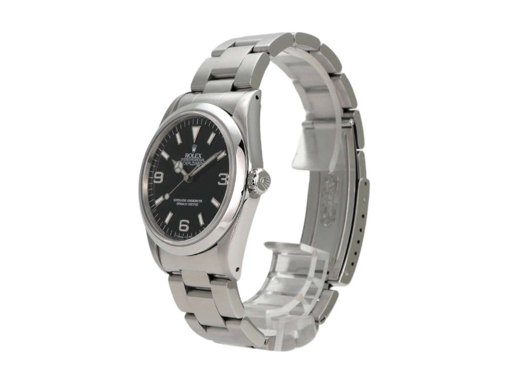 Rolex Explorer I Edelstahl 36 Ref. 14270 mit schwarzem Zifferblatt und Oyster-Armband, poliert und satiniert.