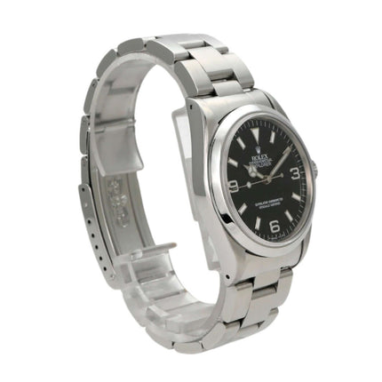 Rolex Explorer I Edelstahl 36 Ref. 14270 mit schwarzem Zifferblatt und poliertem Armband.