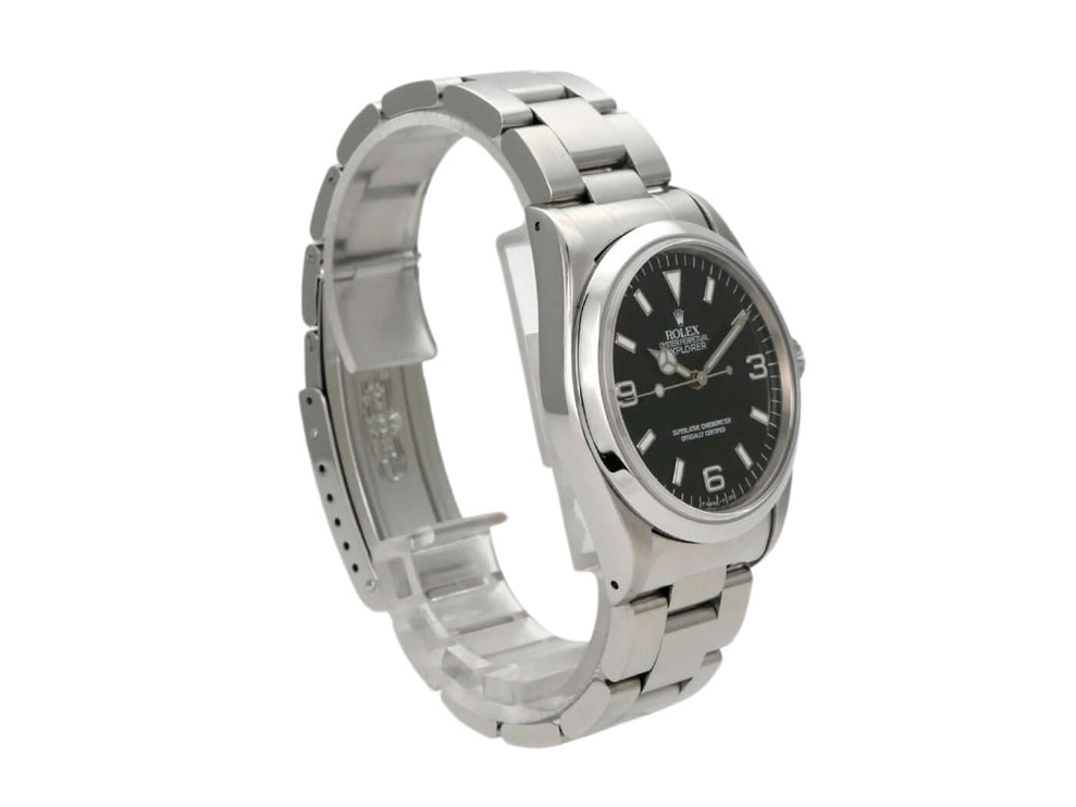 Rolex Explorer I Edelstahl 36 Ref. 14270 mit schwarzem Zifferblatt und poliertem Armband.