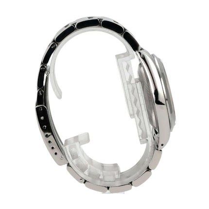 Seitenansicht der Rolex Explorer I Edelstahl 36 Ref. 14270 mit poliertem und satiniertem Armband.