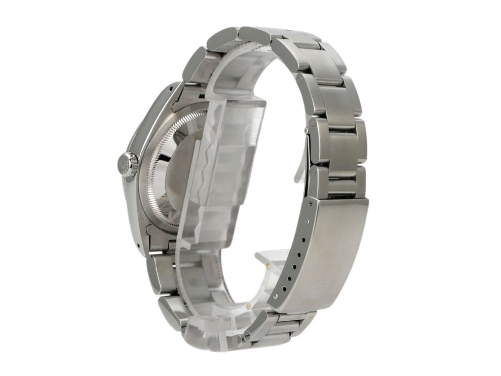 Rolex Explorer I Edelstahl 36 Ref. 14270, Ansicht der Rückseite und des Armbands aus poliertem Edelstahl.