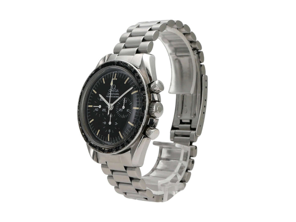 Omega Speedmaster Professional Moonwatch 145.022 auf Edelstahlarmband, schwarzes Zifferblatt, Chronograph mit Handaufzug.