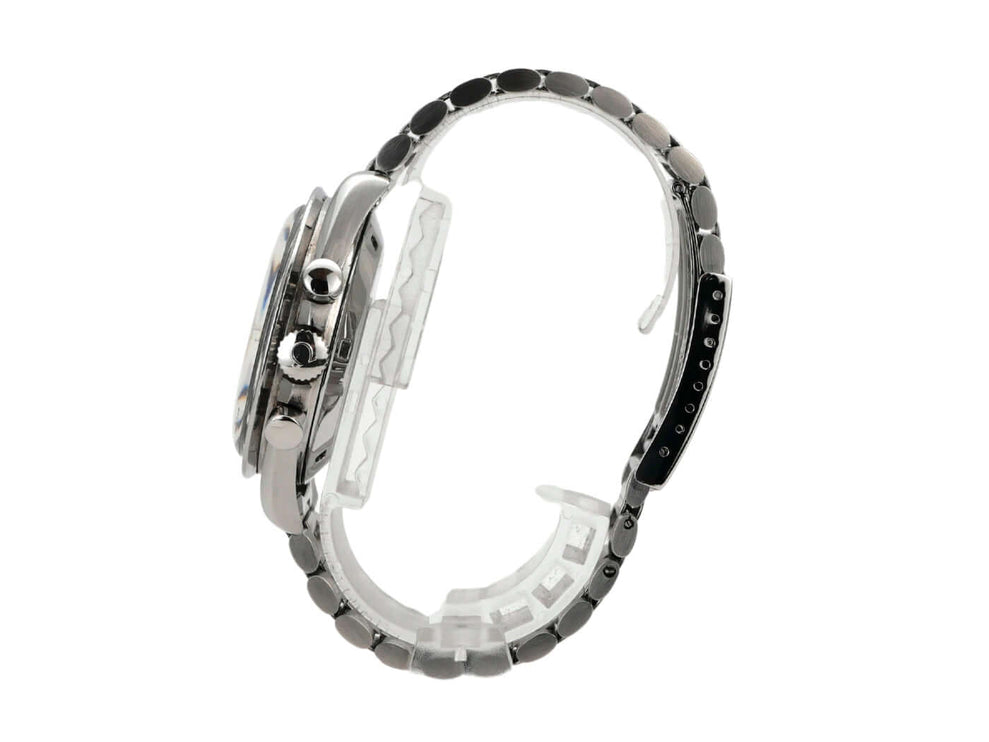 Omega Speedmaster Professional Moonwatch 145.022 seitliche Ansicht des Edelstahlgehäuses und Armbands.