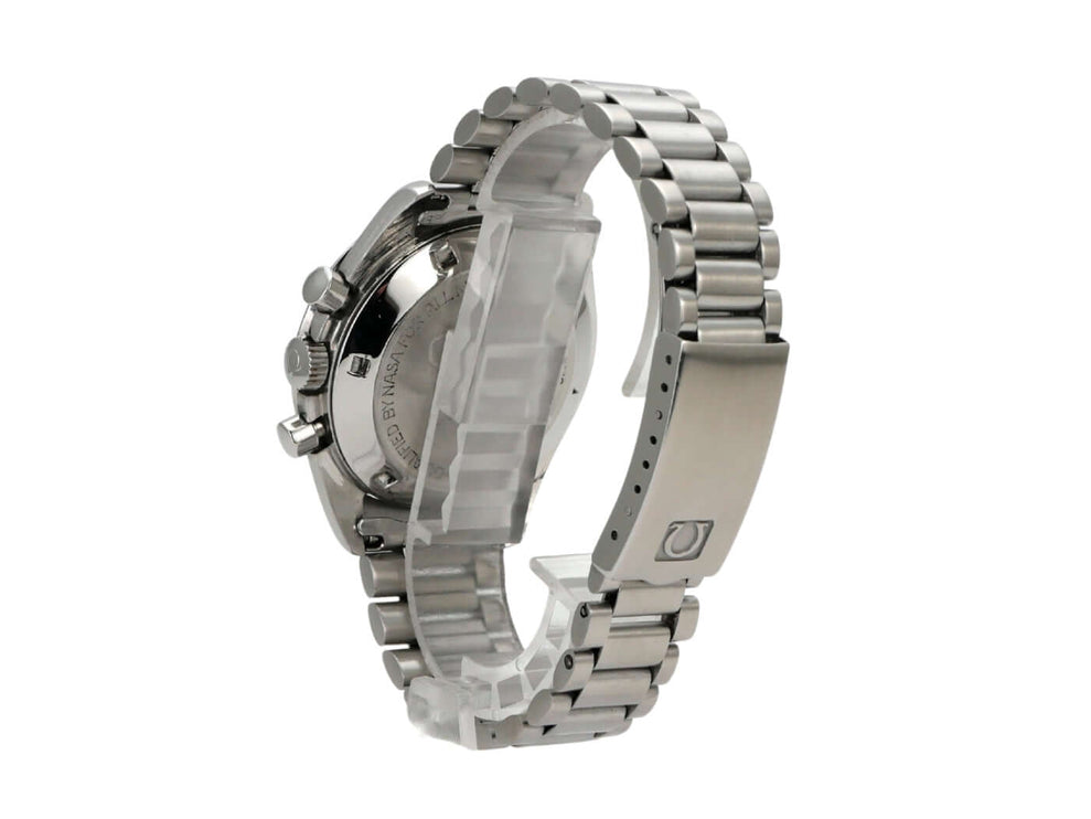 Omega Speedmaster Professional Moonwatch 145.022 seitliche Ansicht mit Edelstahlarmband und Detailansicht des Gehäuses.