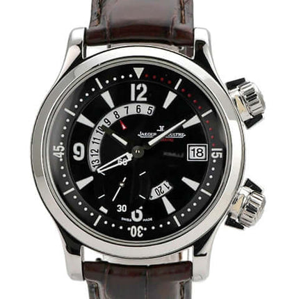 Jaeger-LeCoultre Master Compressor Dualmatic 146.8.02, Edelstahlgehäuse, braunes Lederband, schwarzes Zifferblatt, wasserdicht.