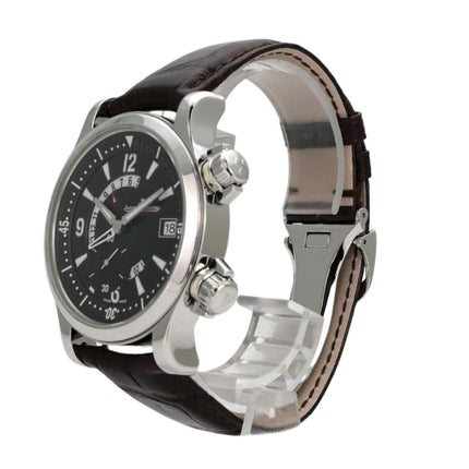 Jaeger-LeCoultre Master Compressor Dualmatic 146.8.02, Edelstahlgehäuse, braunes Lederband, schwarzes Zifferblatt.