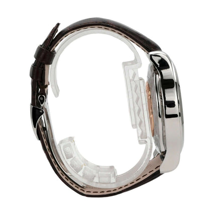 Jaeger-LeCoultre Master Compressor Dualmatic 146.8.02, Edelstahlgehäuse mit braunem Lederband, seitliche Ansicht.