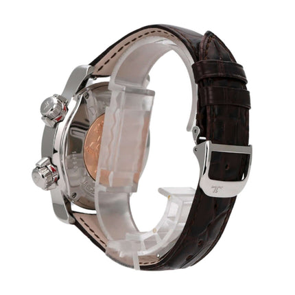 Jaeger-LeCoultre Master Compressor Dualmatic 146.8.02, Edelstahl, braunes Lederband, seitliche Ansicht.