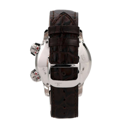 Jaeger-LeCoultre Master Compressor Dualmatic 146.8.02 mit braunem Lederband und Edelstahlgehäuse, rückseitige Ansicht.