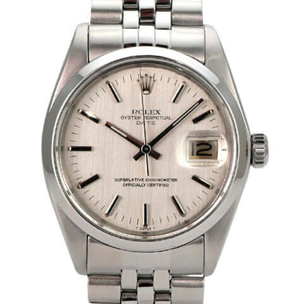 Rolex Oyster Perpetual Date 34 1500/0 mit silbernem Zifferblatt und poliertem Edelstahlband
