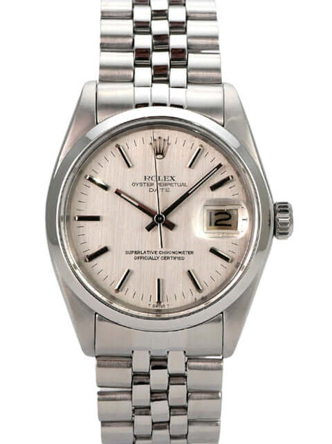 Rolex Oyster Perpetual Date 34 1500/0 mit silbernem Zifferblatt und poliertem Edelstahlband