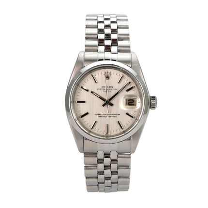 Rolex Oyster Perpetual Date 34 1500/0 Edelstahlarmband und silbernes Zifferblatt, Automatikwerk, wasserdicht.