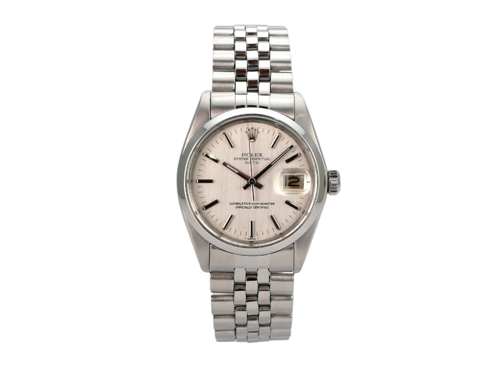 Rolex Oyster Perpetual Date 34 1500/0 Edelstahlarmband und silbernes Zifferblatt, Automatikwerk, wasserdicht.