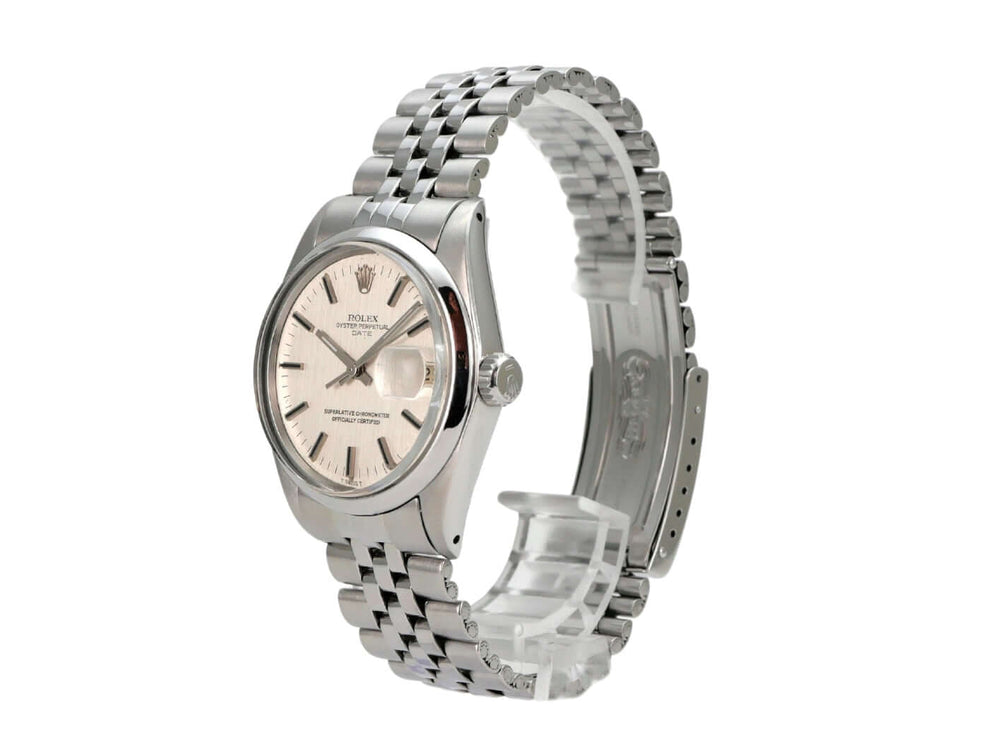 Rolex Oyster Perpetual Date 34 1500/0 Uhr mit poliertem Edelstahlband und silbernem Zifferblatt