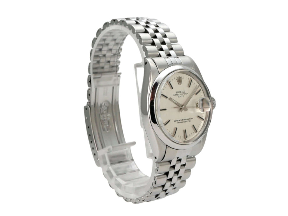 Rolex Oyster Perpetual Date 34 1500/0 Uhr mit silbernem Zifferblatt und Jubilé Edelstahlband
