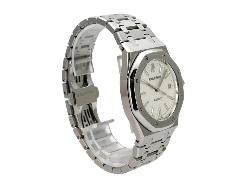 Audemars Piguet AP Royal Oak 15300ST.OO.1220ST.01 Edelstahl-Uhr mit silberfarbenem Zifferblatt und Doppelfaltschließe.