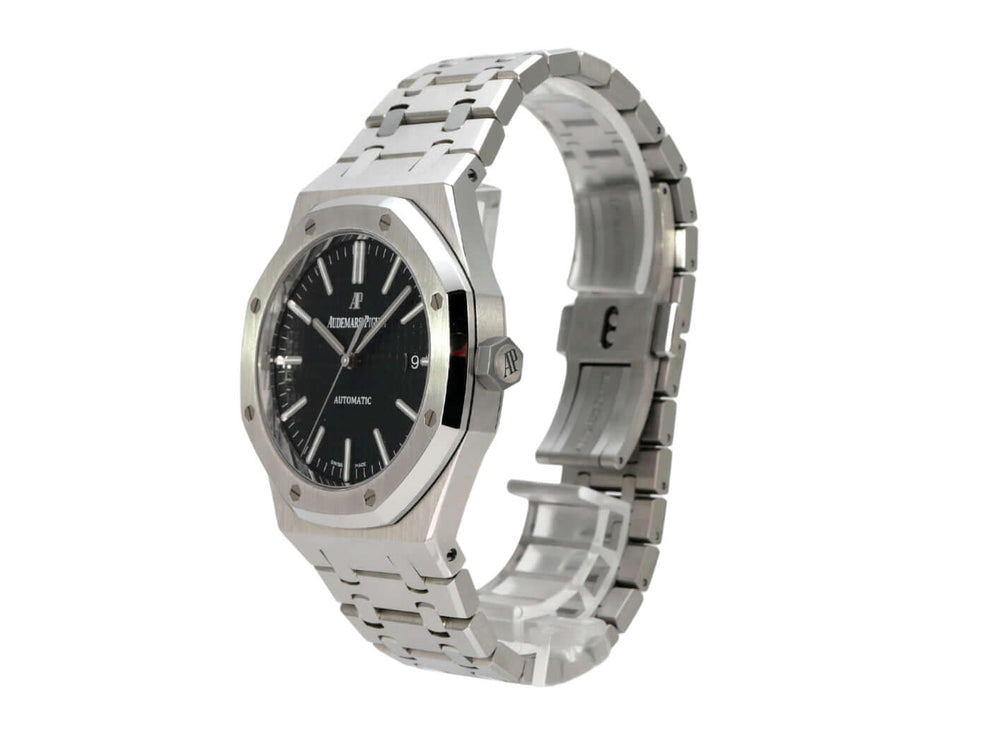 Audemars Piguet AP Royal Oak 15400ST.OO.1220ST.01 mit Edelstahlgehäuse und schwarzem Zifferblatt.