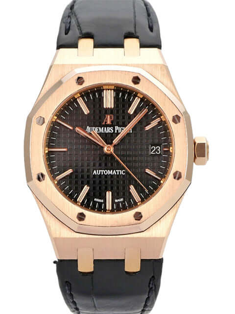 Audemars Piguet Royal Oak 15450OR.OO.D002CR.01 Damenarmbanduhr aus 18 kt Roségold mit schwarzem Zifferblatt.