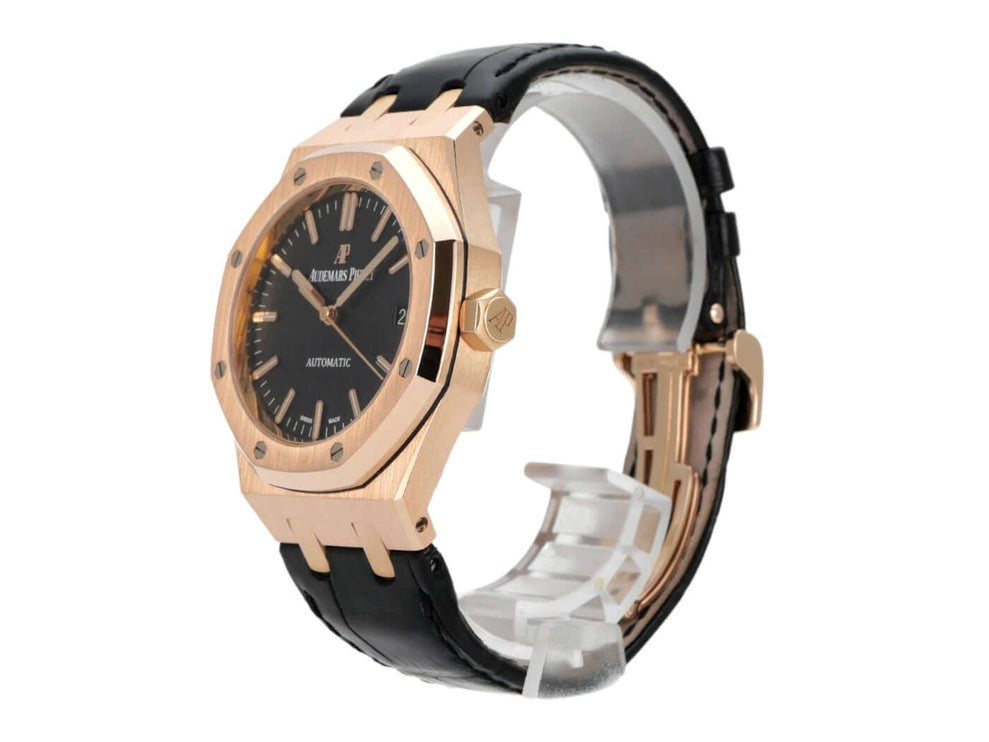 Audemars Piguet Royal Oak 15450OR.OO.D002CR.01 in 18 kt Roségold mit schwarzem Zifferblatt und Krokodillederarmband.