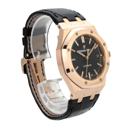 Audemars Piguet Royal Oak 15450OR.OO.D002CR.01 Roségold, 37 mm, schwarzes Krokodilleder Armband, schwarzes Zifferblatt.
