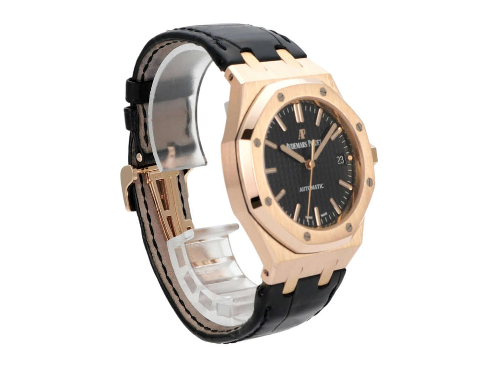Audemars Piguet Royal Oak 15450OR.OO.D002CR.01 Roségold, 37 mm, schwarzes Krokodilleder Armband, schwarzes Zifferblatt.