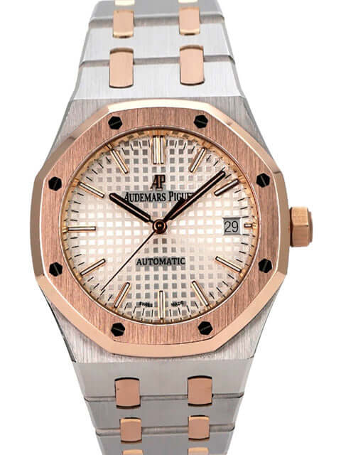 Audemars Piguet Royal Oak 15450SR.OO.1256SR.01 Edelstahl und Roségold Armbanduhr mit silberfarbenem Zifferblatt.