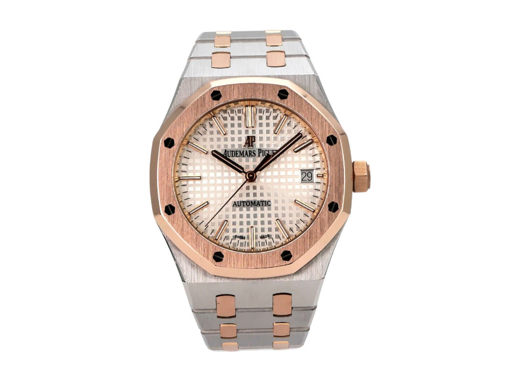 Audemars Piguet Royal Oak 15450SR.OO.1256SR.01 Automatik mit Edelstahl- und Roségold-Gehäuse, silberfarbenem Zifferblatt.