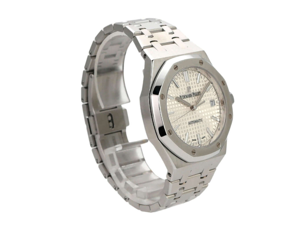 Audemars Piguet Lady Royal Oak 15450ST.OO.1256ST.01 Edelstahl Uhr mit silberfarbenem Zifferblatt und Automatikwerk.