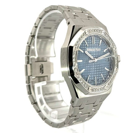 Audemars Piguet Royal Oak 15551ST.ZZ.1356ST.04 Edelstahlgehäuse, Diamantlünette, blaues Zifferblatt, Edelstahlarmband, luxuriöse Armbanduhr.